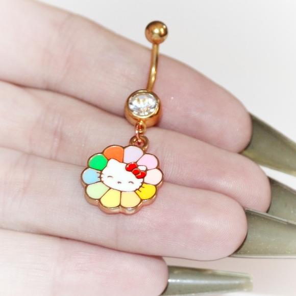 Golden colorful Hello Kitty rainbow flower belly ring - Picture 2 of 8